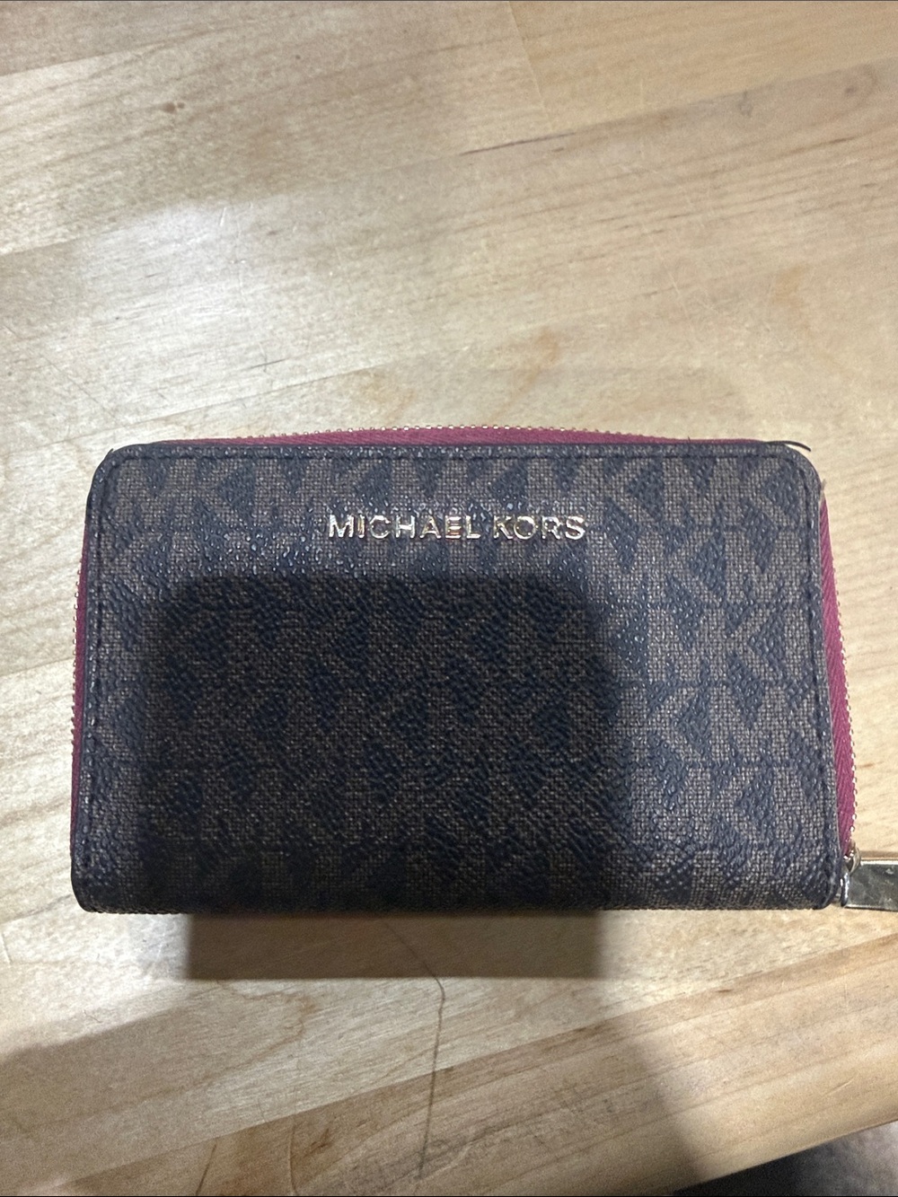 Michael Kors Brown Signature Wallet with Pink Zip Accent